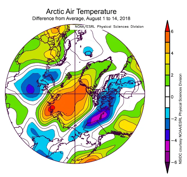 Spherical plot showing the departure from average air temperature over the Arctic.