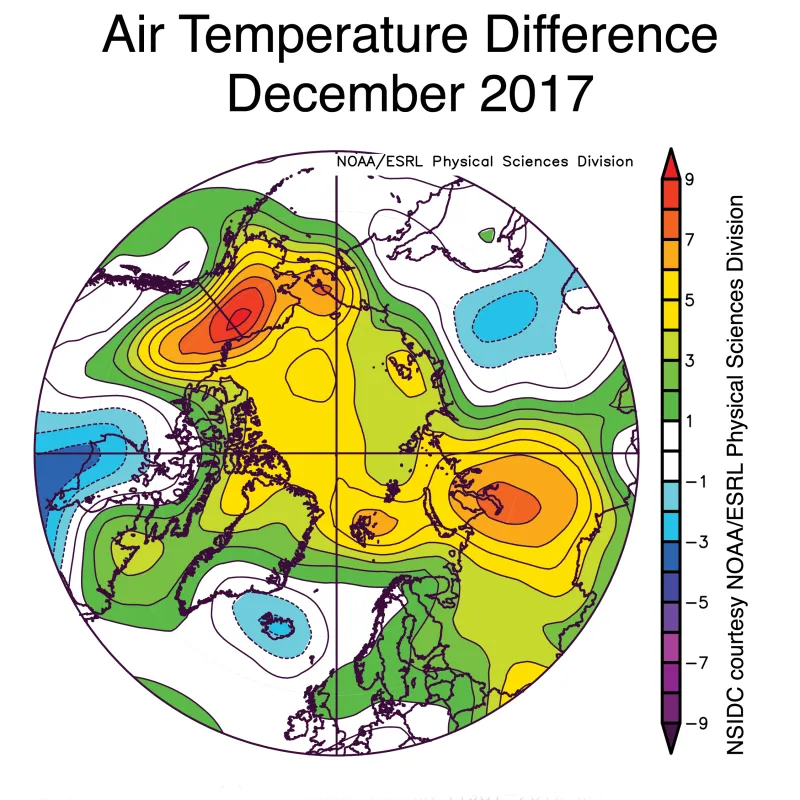 This plot shows the departure from average air temperatures at the 925 hPa level in degrees Celsius for December 2017. 