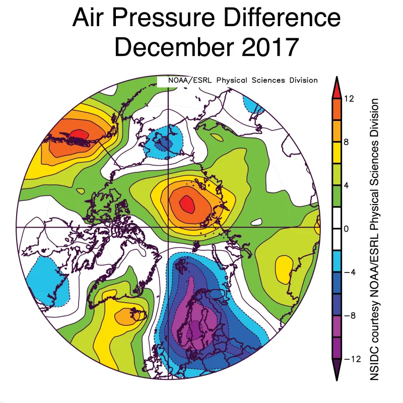 This plot shows the departure from average sea level pressures at the 925 hPa level in degrees Celsius for December 2018. 