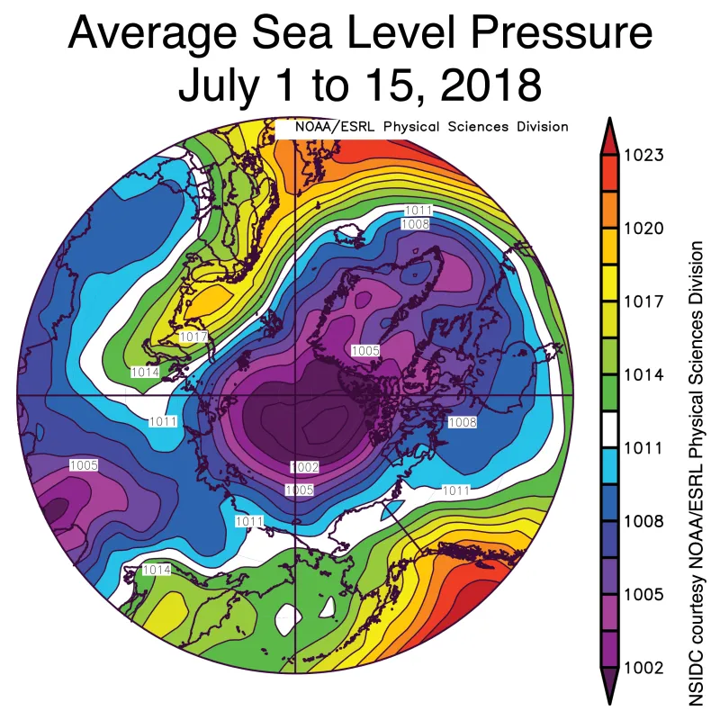 Spherical plot showing average sea level pressure in the Arctic.