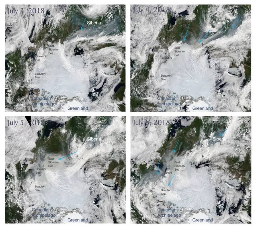 Images from MODIS sensor showing smoke over Arctic Ocean and surrounding land.