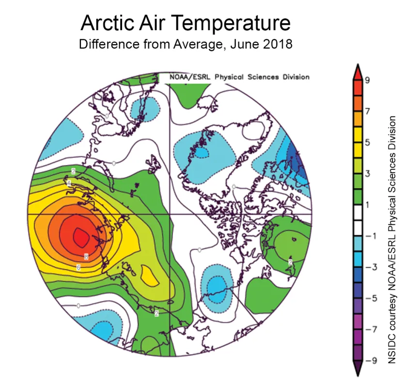 Spherical plot showing the departure from average air temperature over the Arctic.