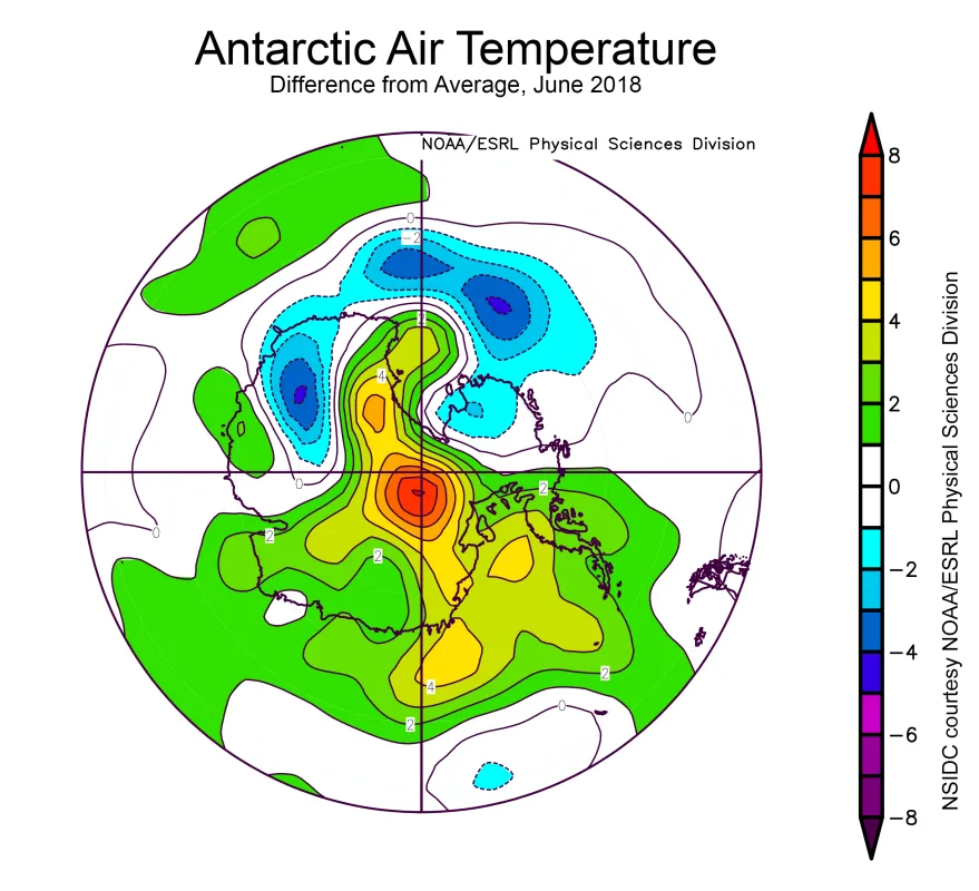 Spherical plot showing the departure from average air temperature in Antarctica.