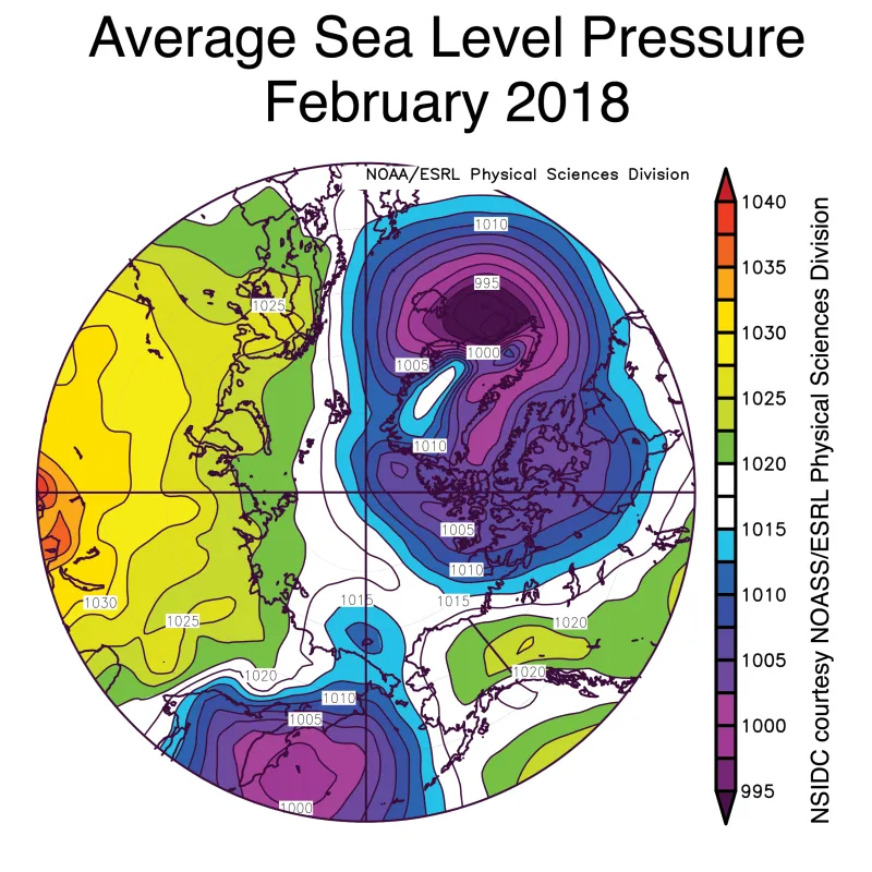 This plot shows the average sea level pressures at the 925 hPa level for February 2018. 