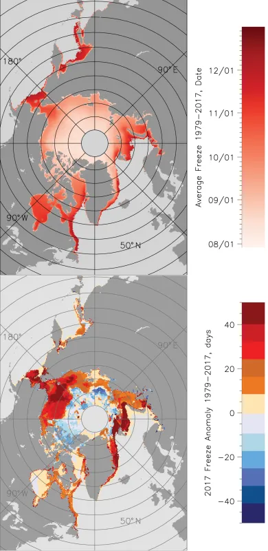 These graphs show the average Arctic Ocean ice freeze-up dates for 1979 to 2017 (top) and the number of days that freeze-up occurred earlier (cool colors) or later (warm colors) than average (bottom).