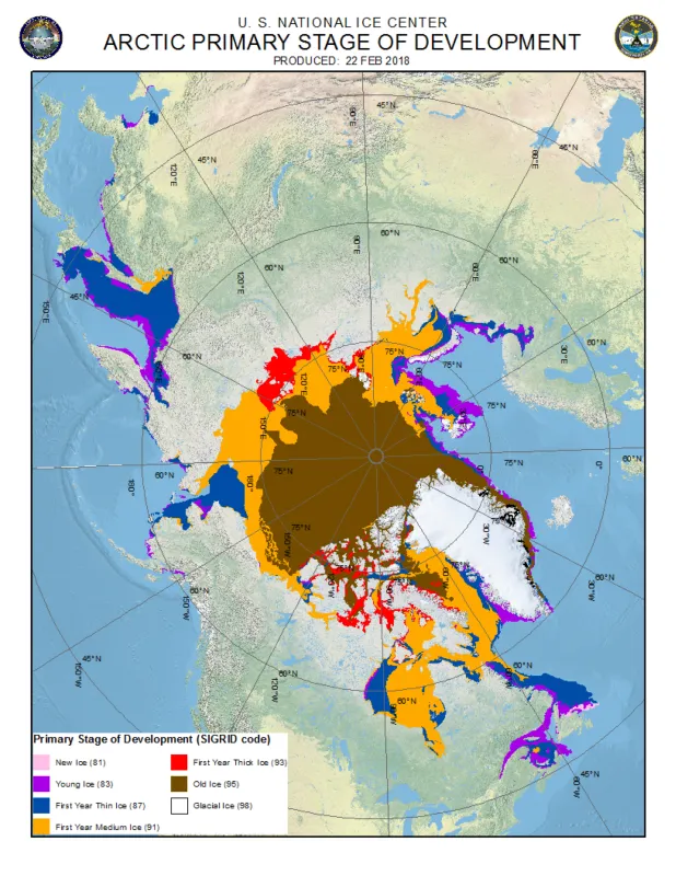 This figure shows the distribution of Arctic sea ice according to stage of development, as of February 22, 2018. Old Ice is toward the North pole, while newer ice is further away from the North pole