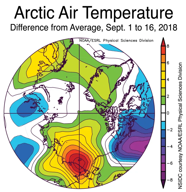 Spherical plot showing departure of air temperature from the average air temperature over the Arctic.