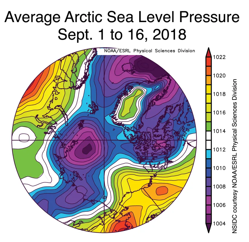 Spherical plot showing average sea level pressure in the Arctic.