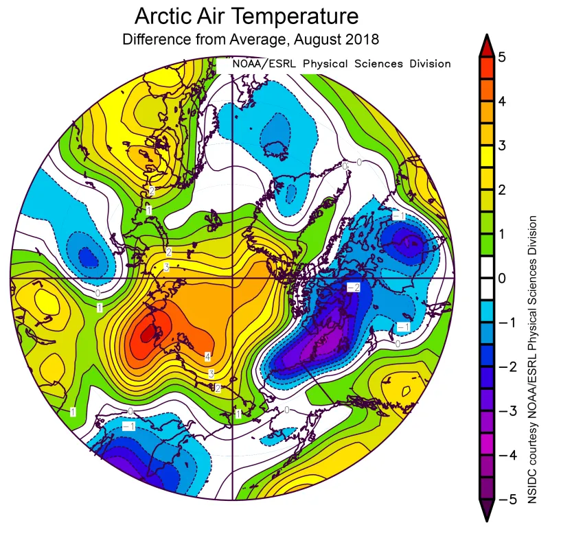 Spherical plot showing the departure from average air temperature over the Arctic.