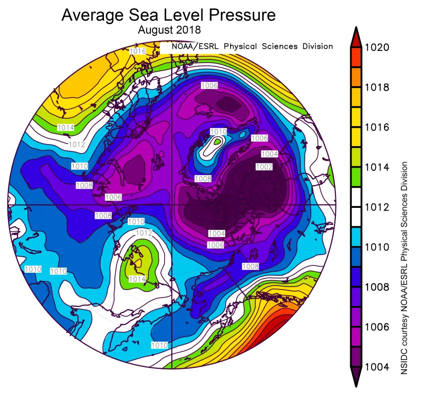 Spherical plot showing average sea level pressure in the Arctic.