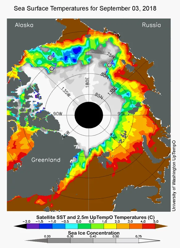 Map showing Arctic Ocean sea surface temperatures and sea ice concentrations in the Arctic, as well as the locations of buoys.