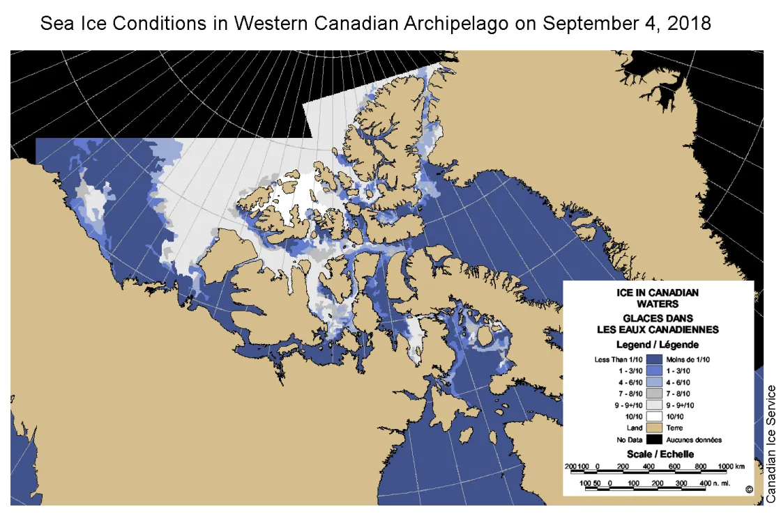 Map showing sea ice conditions in the western part of the Canadian Archipelago.