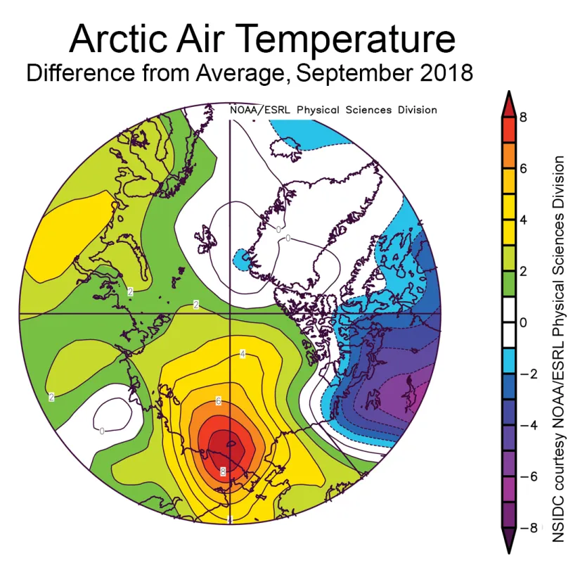 Spherical plot showing departure of air temperature from the average air temperature over the Arctic.