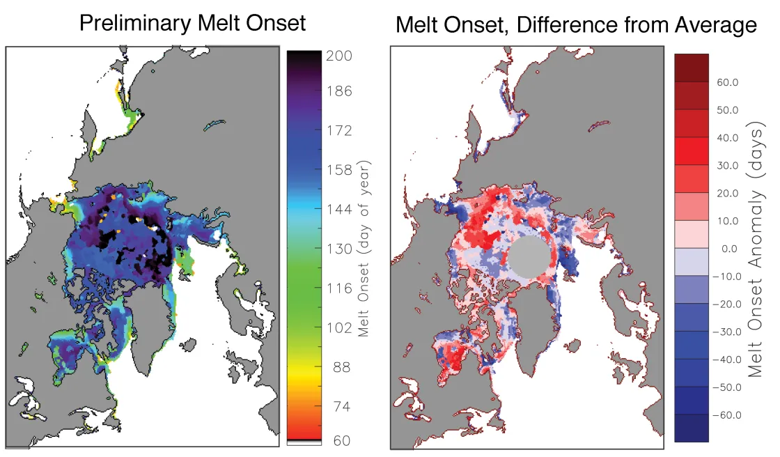 These maps show preliminary melt onset (left) and melt onset difference from average (right) in the Arctic relative to the 1981 to 2010 average. White areas are open ocean or areas with no melt detected.