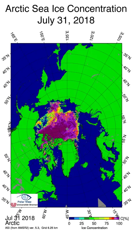 This image shows sea ice concentration in the Arctic, based on data from the Japan Aerospace Exploration Agency (JAXA) Advanced Microwave Scanning Radiometer 2 (AMSR2).