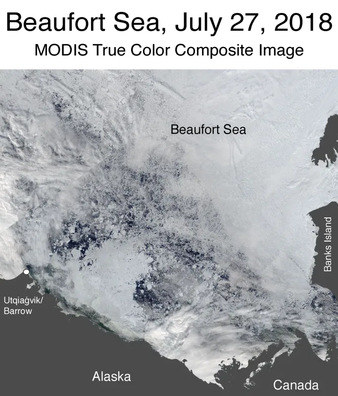 This shows a true color composite image of the Beaufort Sea in the Arctic, taken by the Moderate Resolution Imaging Spectroradiometer (MODIS) sensor on the NASA Terra satellite.