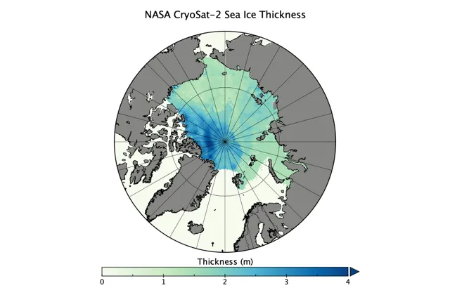 This maps shows sea ice thickness for February 22, 2020. Light green depicts ice under a meter thin; dark blue depicts ice up to 4 meters thick. NASA Goddard (Kurtz and Harbeck, 2017) produces the thickness product and the NASA NSIDC Distributed Active Archive Center distributes it.