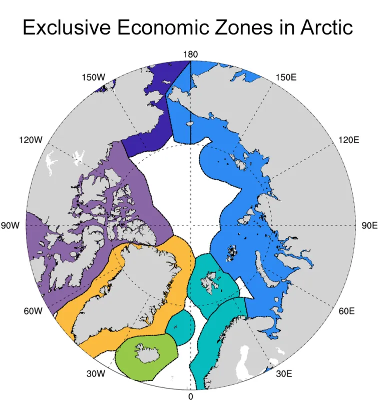 This map show the exclusive economic zones (EEZs) within the Arctic: Canada (purple), Greenland (orange), Iceland (green), Norway (turquoise), Russia (light blue), and USA (dark blue). As sea ice reduces there will be more opportunity for ice to drift from one EEZ to another, which has implications for the potential spread of pollutants.