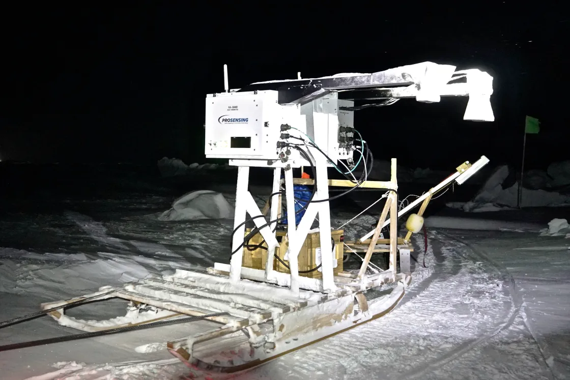 The Ka/Ku radar is strapped to a tow-sled, looking straight down to simulate what a satellite altimeter would see when towed along the transects. This instrument was built by ProSensing specifically for the Multidisciplinary drifting Observatory for the Study of Arctic Climate (MOSAiC) expedition.