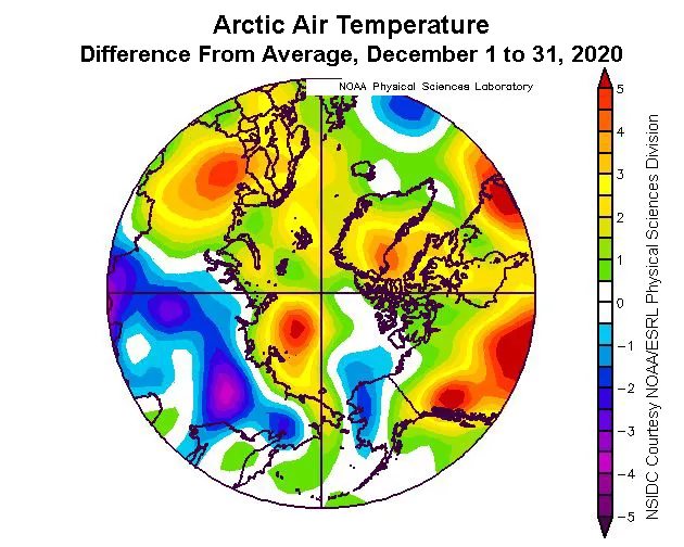 Spherical plot showing departure of air temperature from the average air temperature over the Arctic.