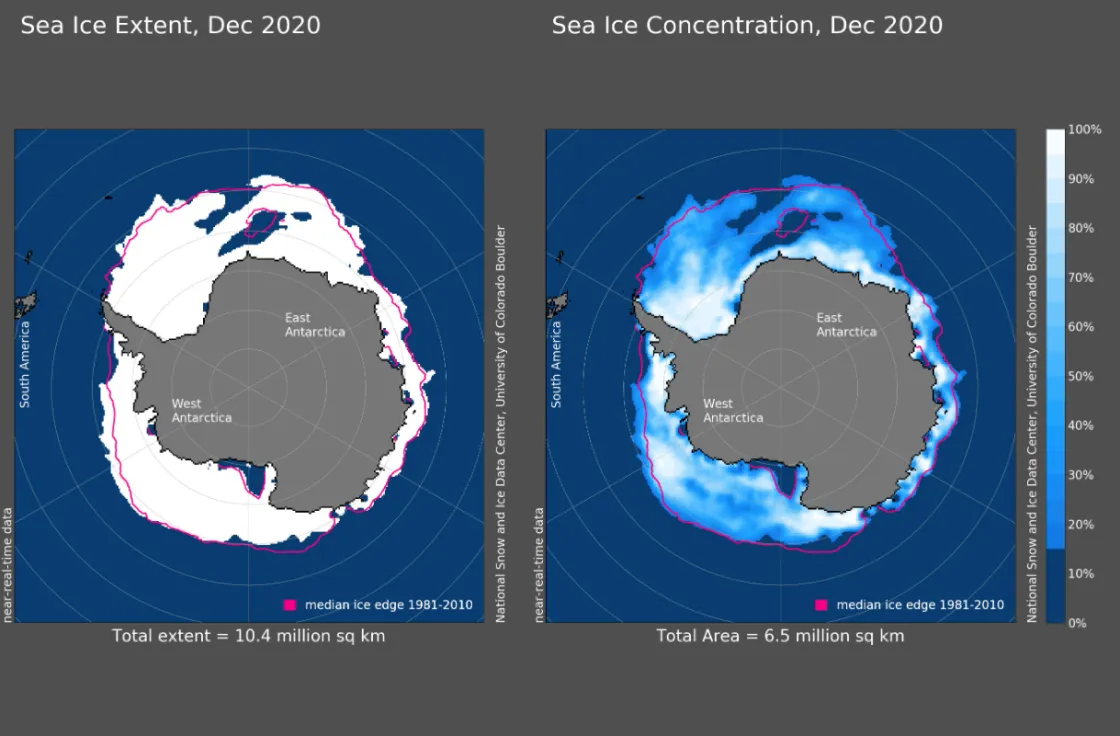 Maps showing Antarctic sea ice extent and concentration.