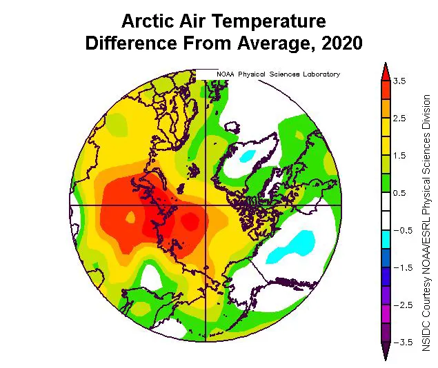 Spherical plot showing departure of air temperature from the average air temperature over the Arctic.