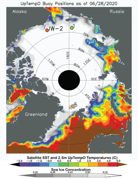 This map shows sea surface temperature and ice concentration for June 28, 2020. The locations of three Upper layer Temperature of the Polar Oceans (UpTempO) drifting buoys are marked as 1, 2, and 7