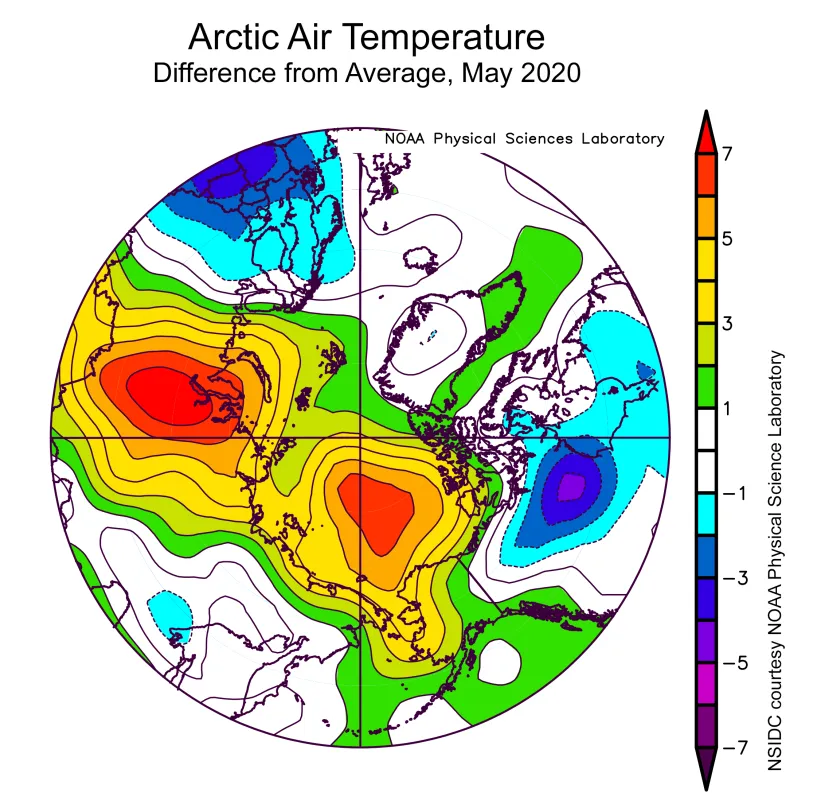 This plot shows the departure from average air temperature in the Arctic at the 925 hPa level, in degrees Celsius, for May 2020. Yellows and reds indicate higher than average temperatures; blues and purples indicate lower than average temperatures.