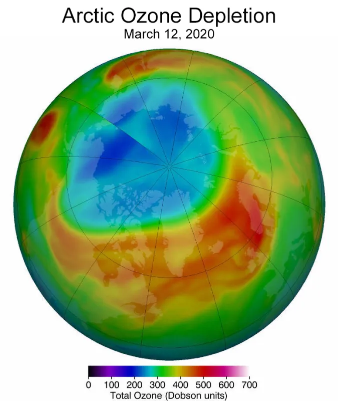 Arctic stratospheric ozone reached its record low level of 205 Dobson units, shown in blue and turquoise, on March 12, 2020.