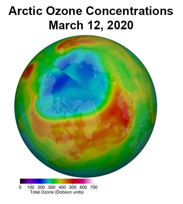 Map of Earth showing record low Arctic ozone concentrations.