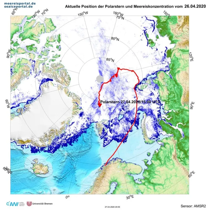 This figure shows the position of RV Polarstern while it is part of the Multidisciplinary drifting Observatory for the Study of Arctic Climate (MOSAiC) expedition. This position is as of April 26, 2020.