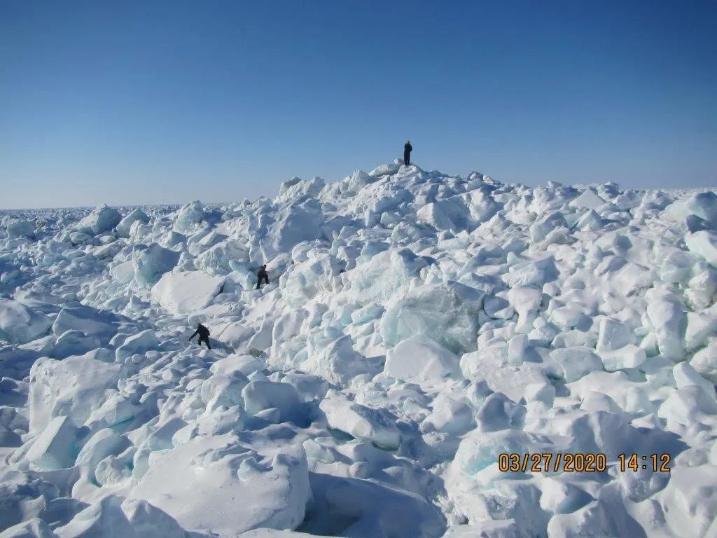 This photo shows a pressure ridge formed in shorefast sea ice near Utqiaġvik, Alaska, as a result of storm-driven ice deformation.