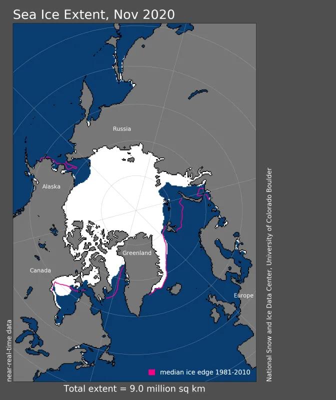 Map showing Arctic sea ice extent.