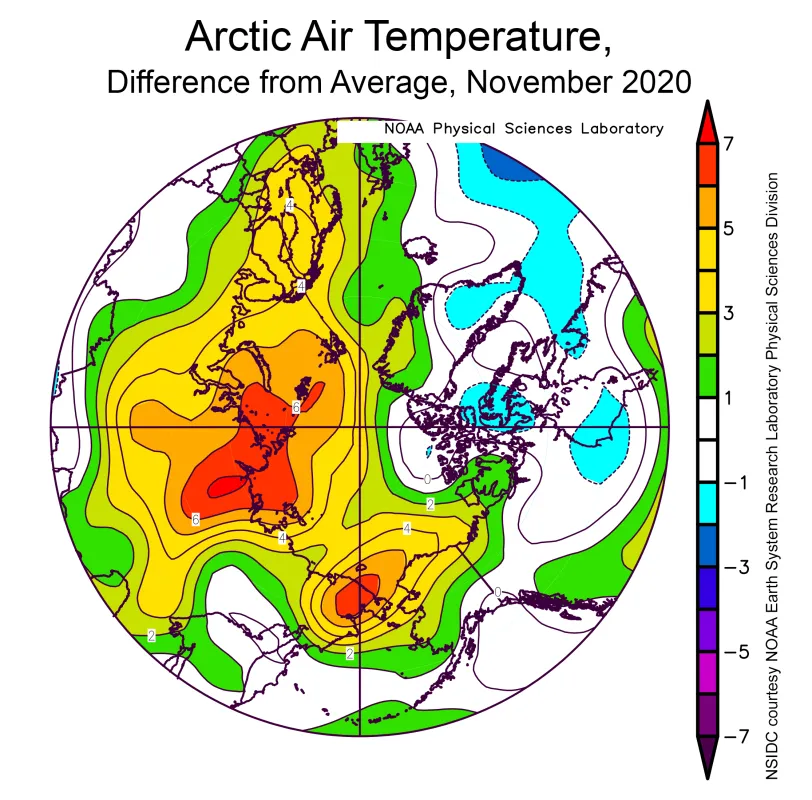 Spherical plot showing departure of air temperature from the average air temperature over the Arctic.