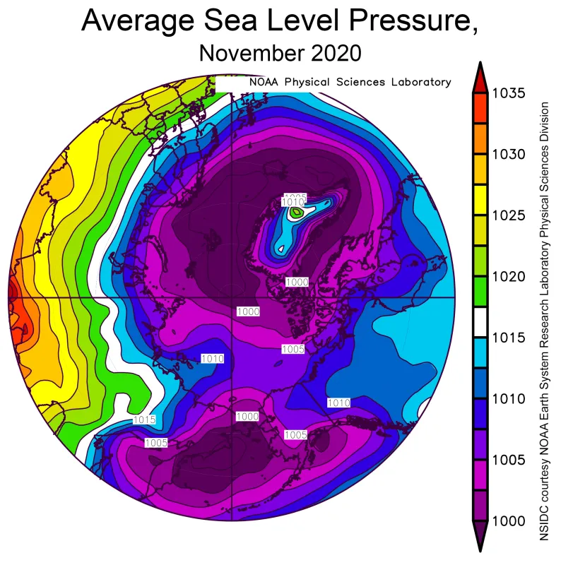 Spherical plot showing average sea level pressure in the Arctic.