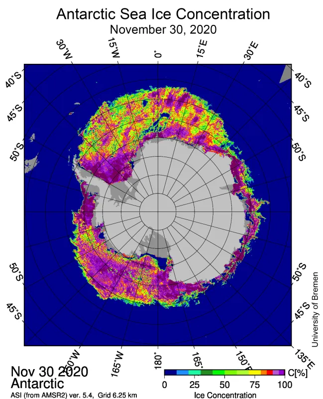 Map showing Antarctic sea ice concentration.