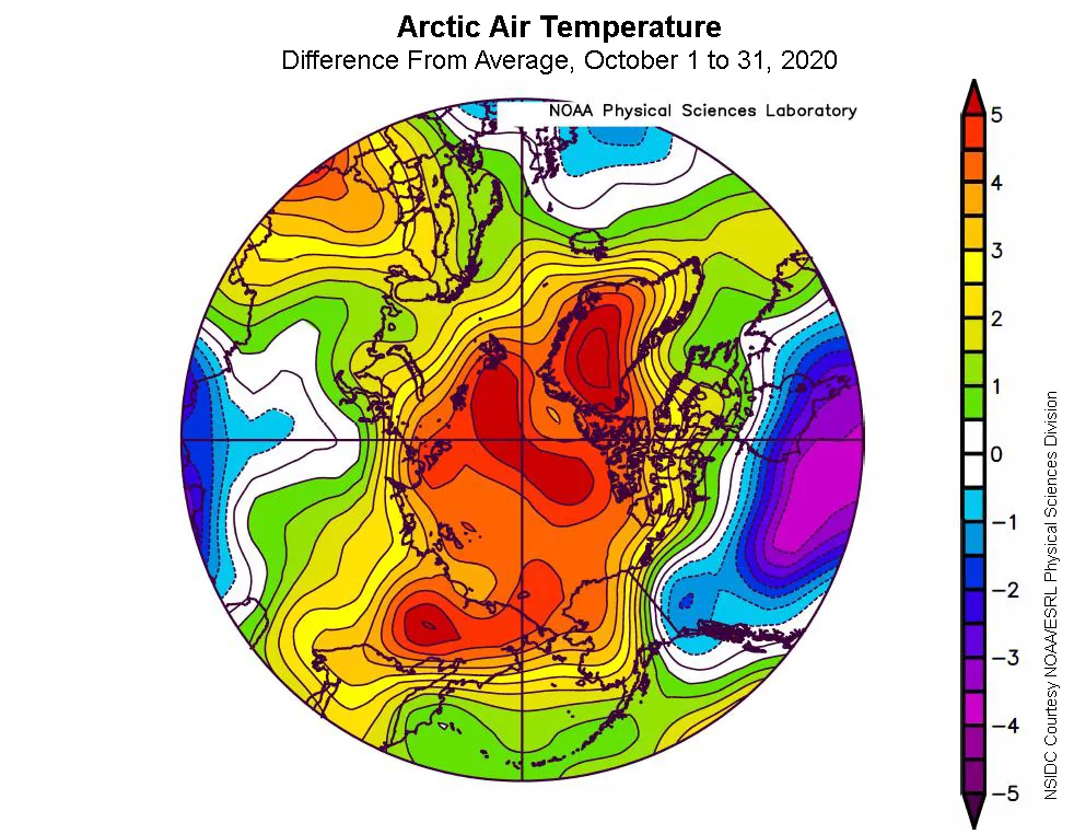 Spherical plot showing departure of air temperature from the average air temperature over the Arctic.