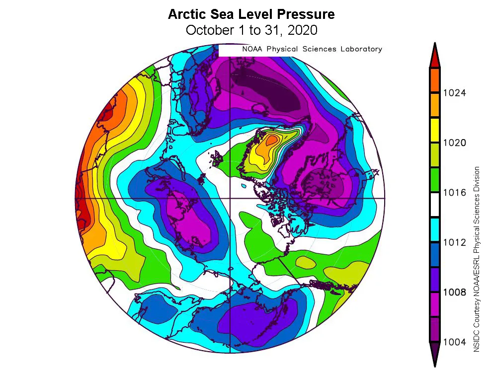 Spherical plot showing average sea level pressure in the Arctic.