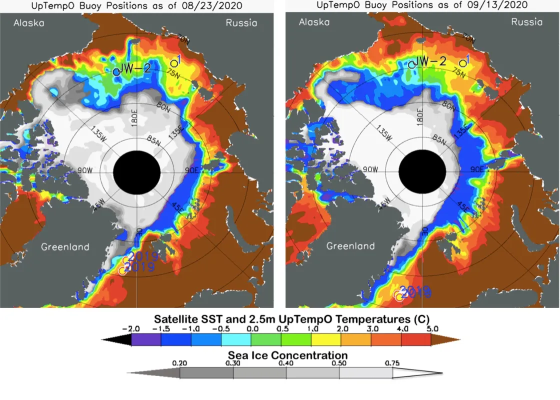 Maps showing sea surface temperature and sea ice concentration in the Arctic.