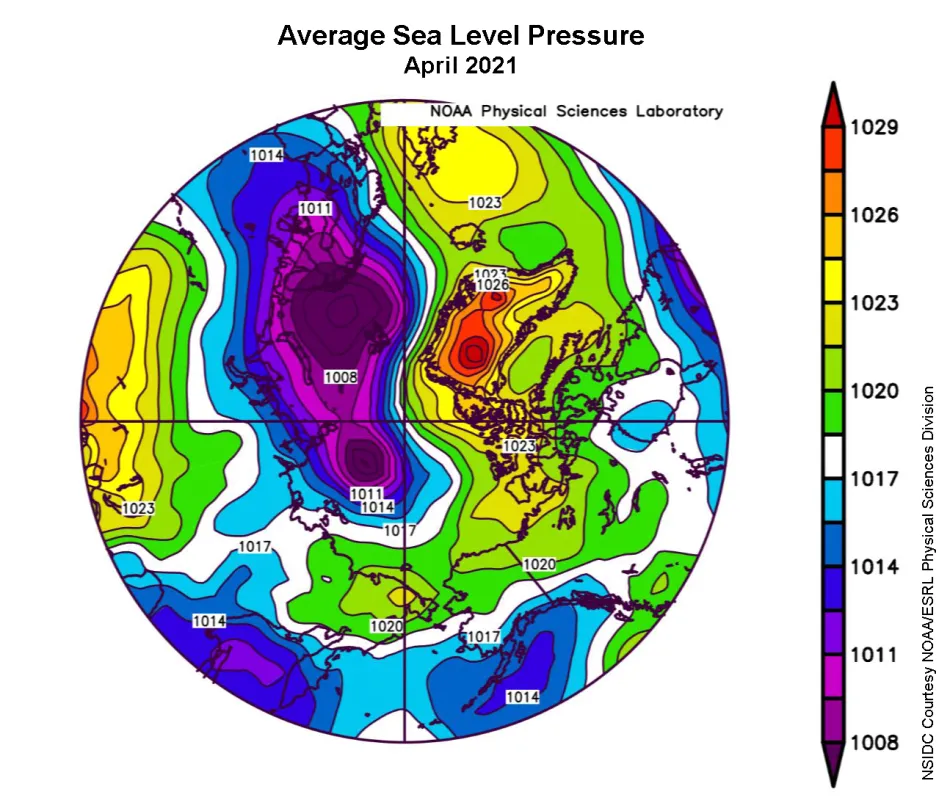 Spherical plot showing average sea level pressure in the Arctic.