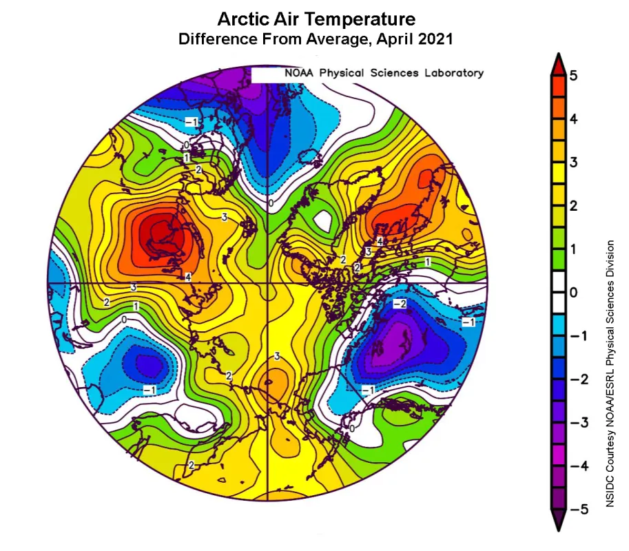 Spherical plot showing departure of air temperature from the average air temperature over the Arctic.