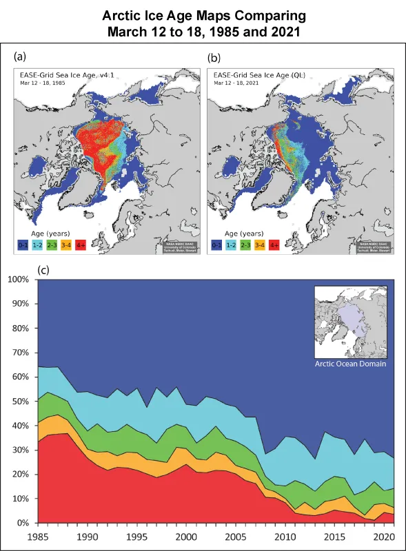 Two maps and a graph depicted Arctic sea ice age.