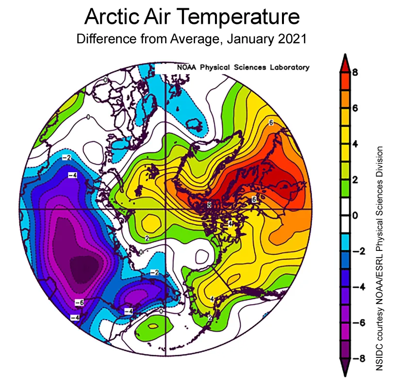 This plot shows the departure from average air temperature in the Arctic at the 925 hPa level, in degrees Celsius, for January 2021.