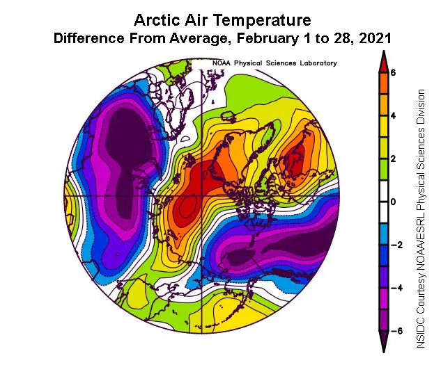 Spherical plot showing departure of air temperature from the average air temperature over the Arctic.