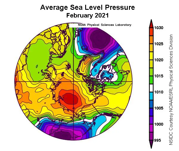 Spherical plot showing average sea level pressure in the Arctic.