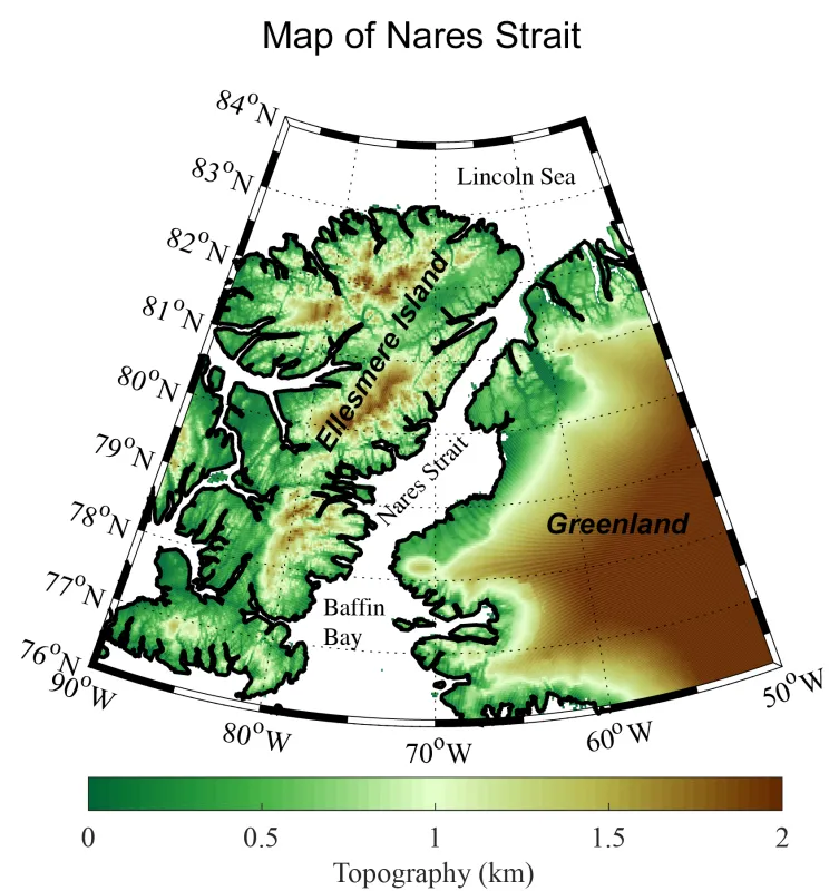 This map shows the Nares Strait in relation to Greenland, Ellesmere Island (a northernmost Canadian Island). The ice arch forms at the entrance into Nares Strait from the Lincoln Sea.