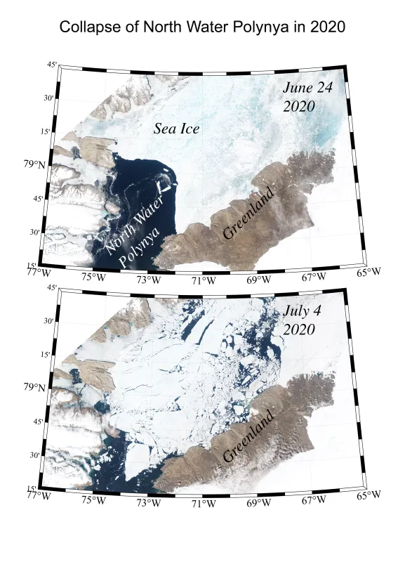 These two images show the collapse of the North Water Polynya between June 24 and July 4, 2020.