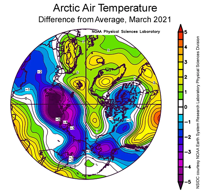 Spherical plot showing departure of air temperature from the average air temperature over the Arctic.