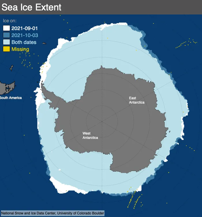  This map compares Antarctic sea ice extent for September 1, 2021, with October 3, 2021. Light blue shading indicates the region where ice occurred on both dates, while white and medium blue areas show ice cover unique to September 1, 2021 and October 3, 2021, respectively. 