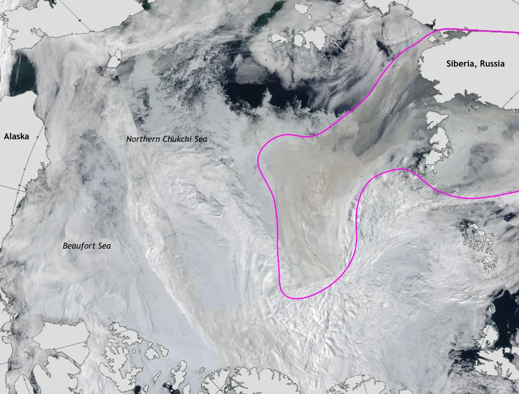 This satellite image of the Arctic Ocean on August 8, 2021, shows sea ice break up in the Northern Chukchi and Beaufort Seas. The magenta outline depicts smoke from Siberian fires moving over Arctic sea ice. The Moderate Resolution Imaging Spectroradiometer (MODIS) on board NASA’s Terra and Aqua satellites took this image.